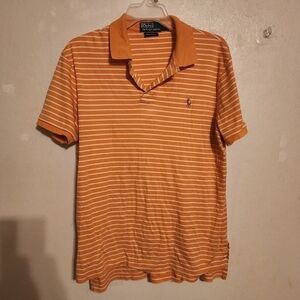Polo by Ralph Lauren Pima Interlock Orange & White Stripe Polo Shirt Sz L (spots